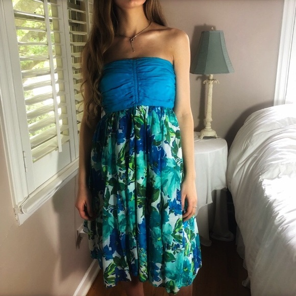 Zara Dresses & Skirts - Zara Silk Lined Floral Blue Green Halter Dress Church or Office Attire